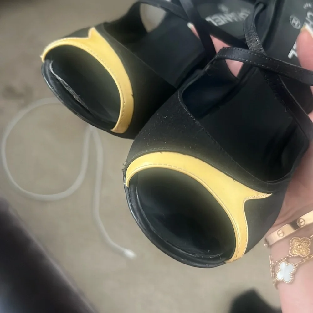 Authentic CHANEL Pearl Heel Strappy Sandals - Black & Yellow - Size 41